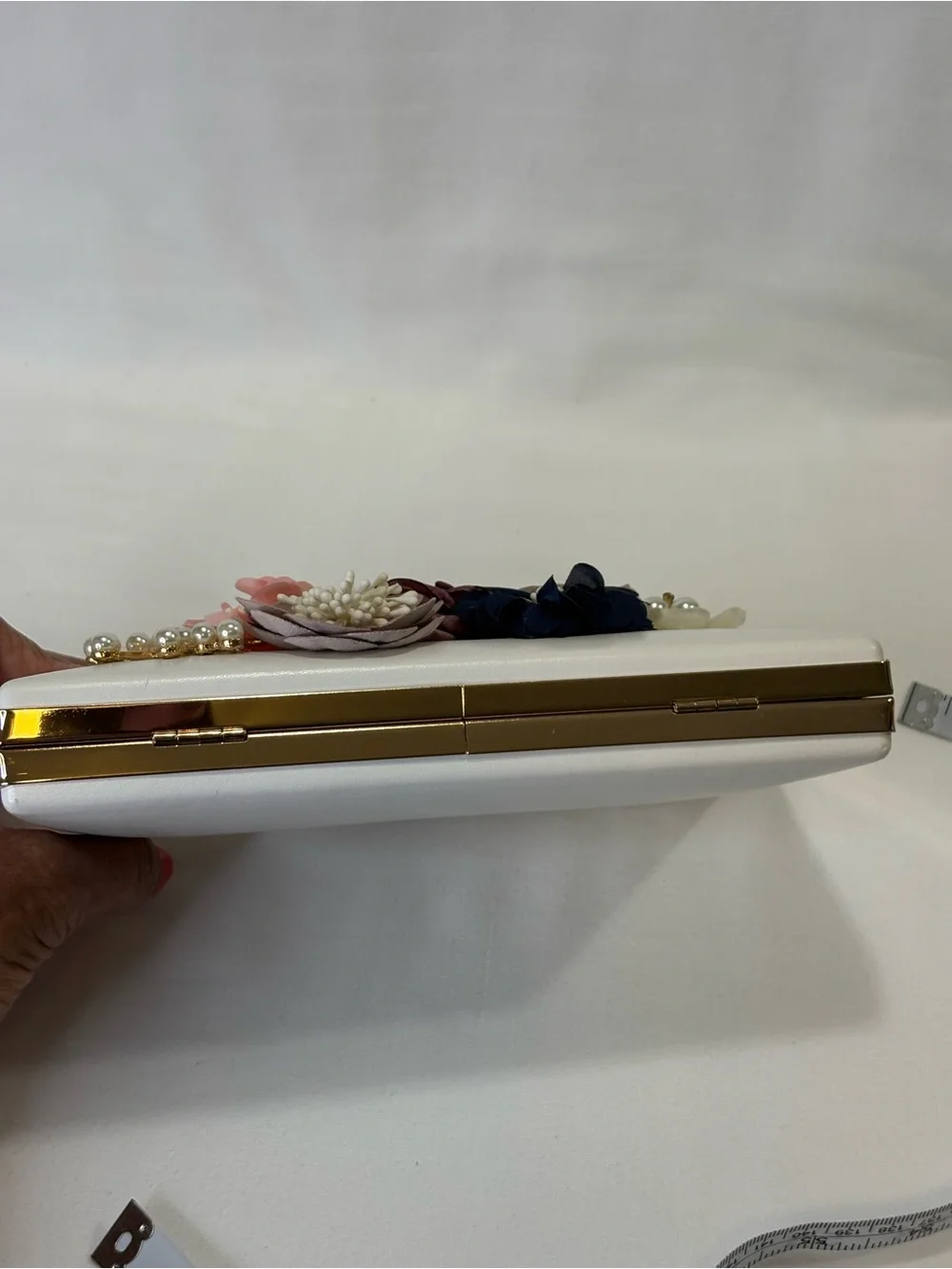 Floral Embellished White Clutch with Multicolor Flowers